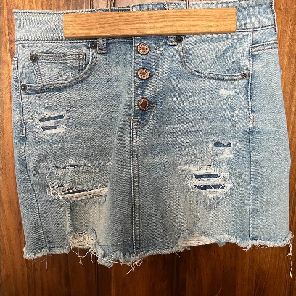 American Eagle Outfitters Light Blue Distressed Mini Skirt
